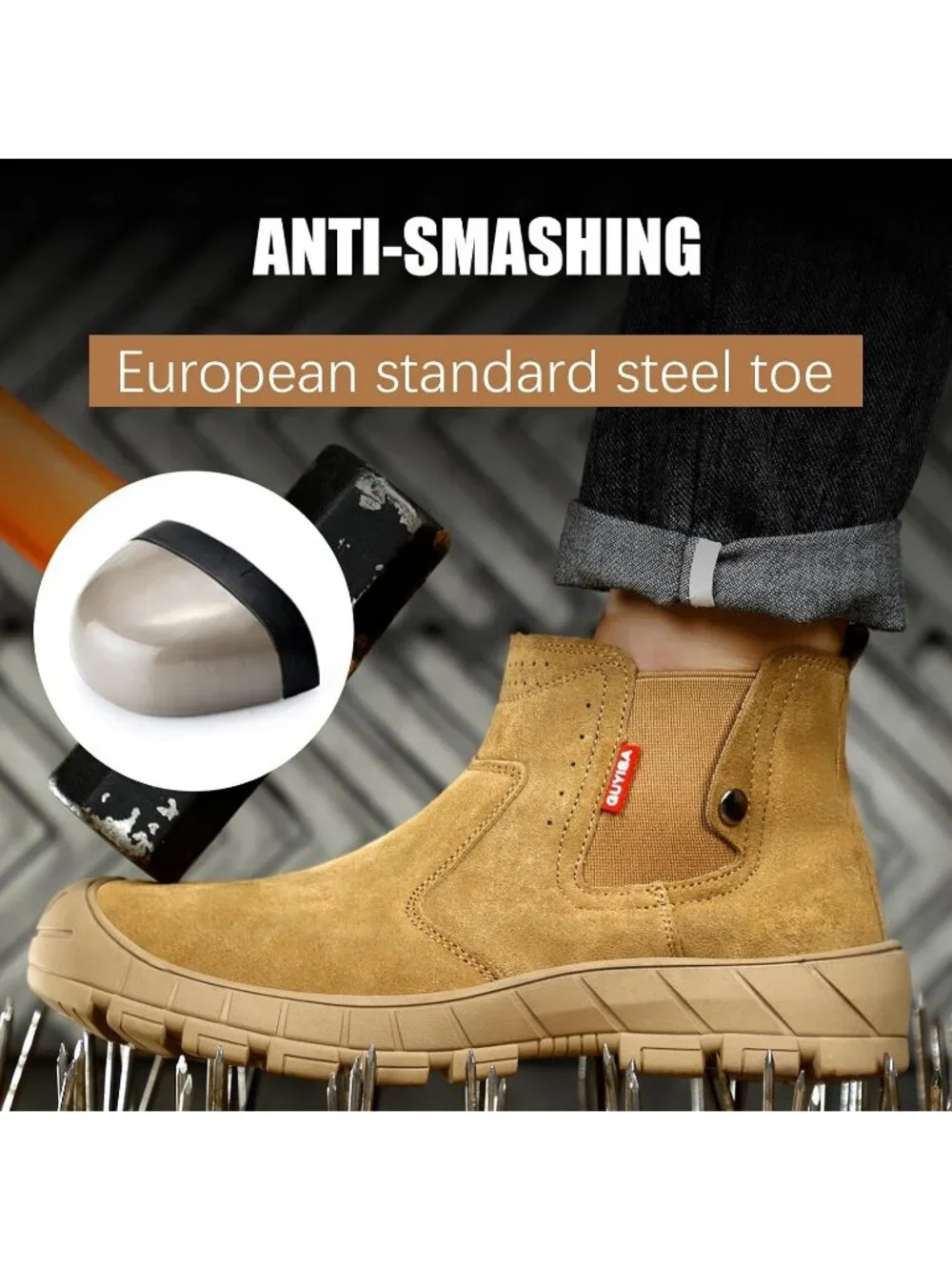 Men's Brown Fireproof Shoes Casual Mid Top Steel Toe Slip On Jobsite Work Boots